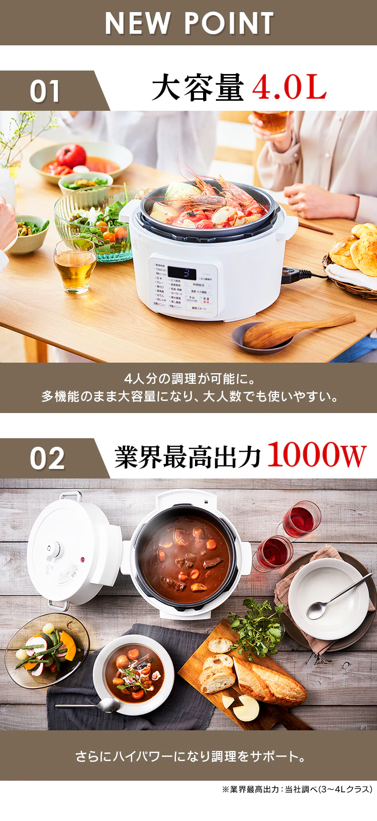 大容量4.0L 業界最高出力1000W