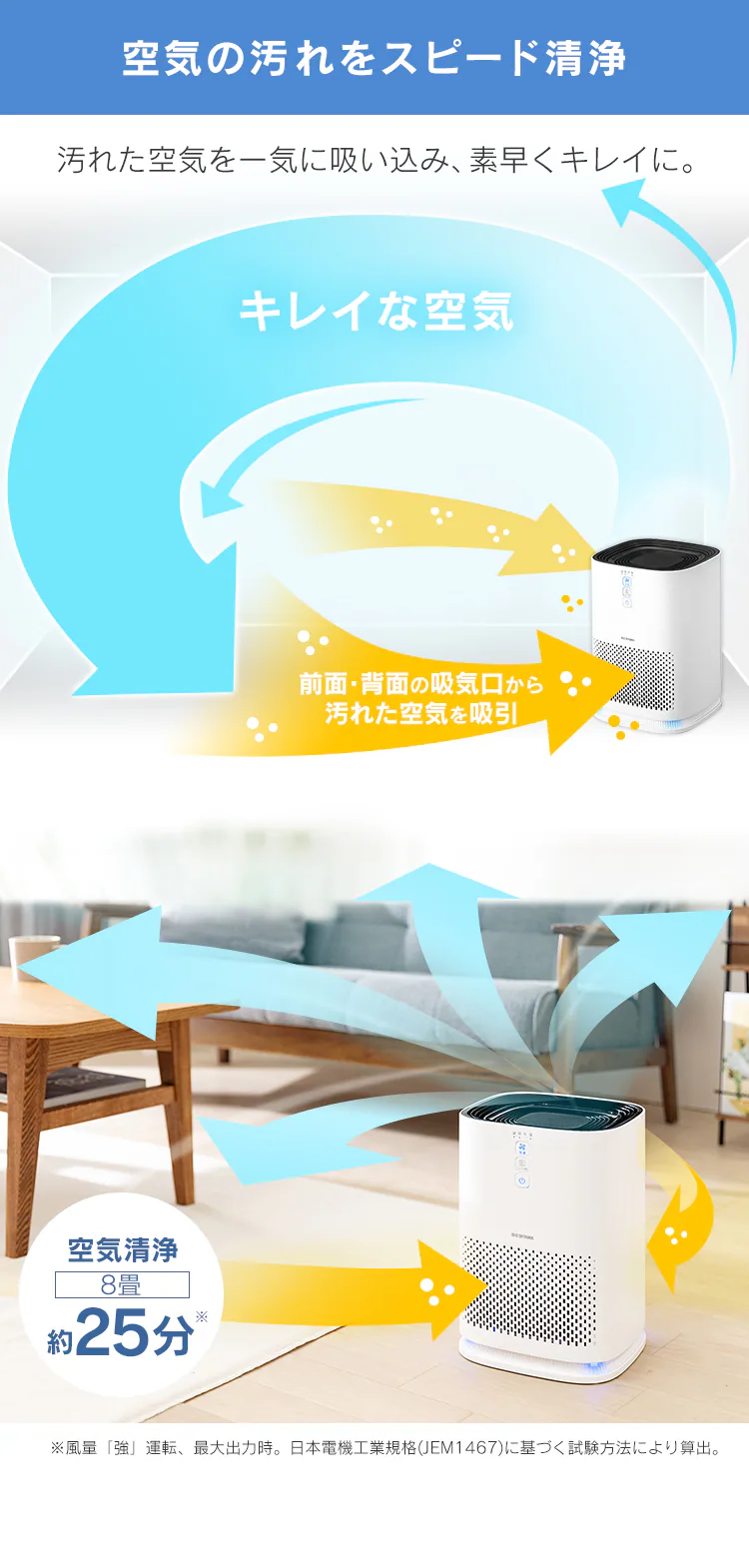 空気清浄機 10畳 小型 風量3段階  インテリアライト お手入れ簡単 IAP-A25-W ホワイト3