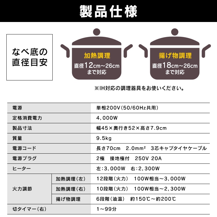 200V 2口ビルトインIHクッキングヒーター PIHD4522B ブラック H517848F│アイリスプラザ│アイリスオーヤマ公式通販サイト