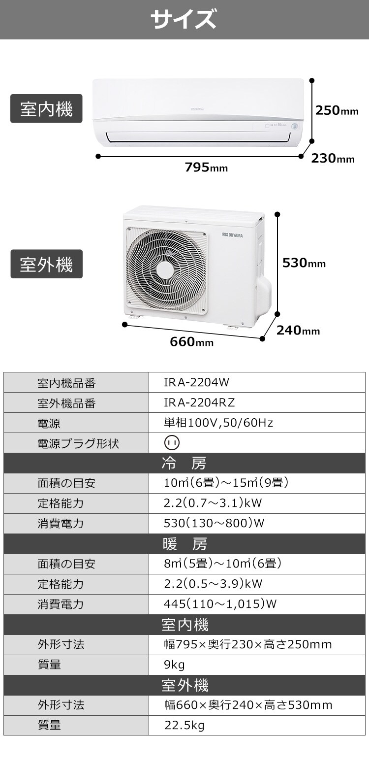 【訳あり】ルームエアコン2.2kW（Wi-Fi） IRA-2204W（室内機） IRA-2204RZ（室外機） 10