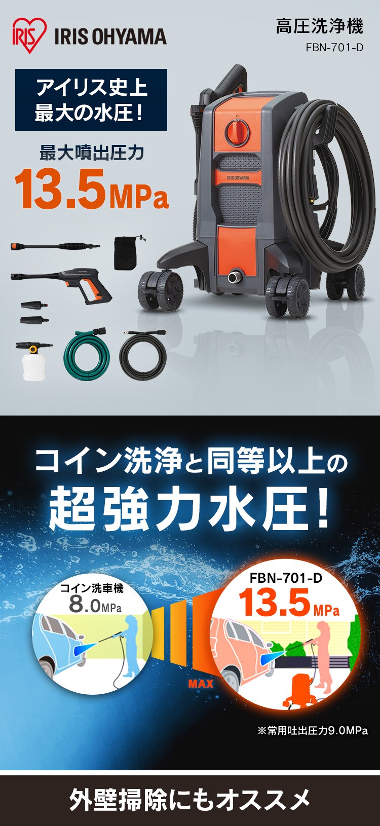 高圧洗浄機 13.5MPa 超強力水圧 18点セット FBN-701 オレンジ 0