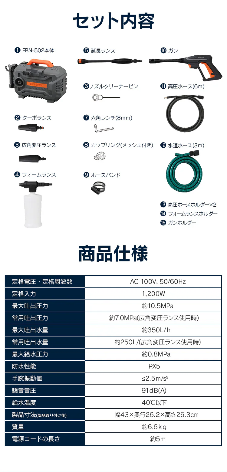 高圧洗浄機 10.5MPa 超強力水圧 コンパクト 15点セット FBN-502 オレンジ8