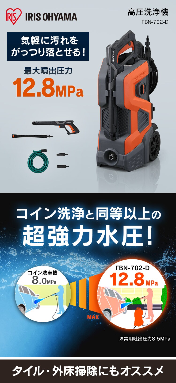 高圧洗浄機 12.8MPa 超強力水圧 10点セット FBN-702-D オレンジ0