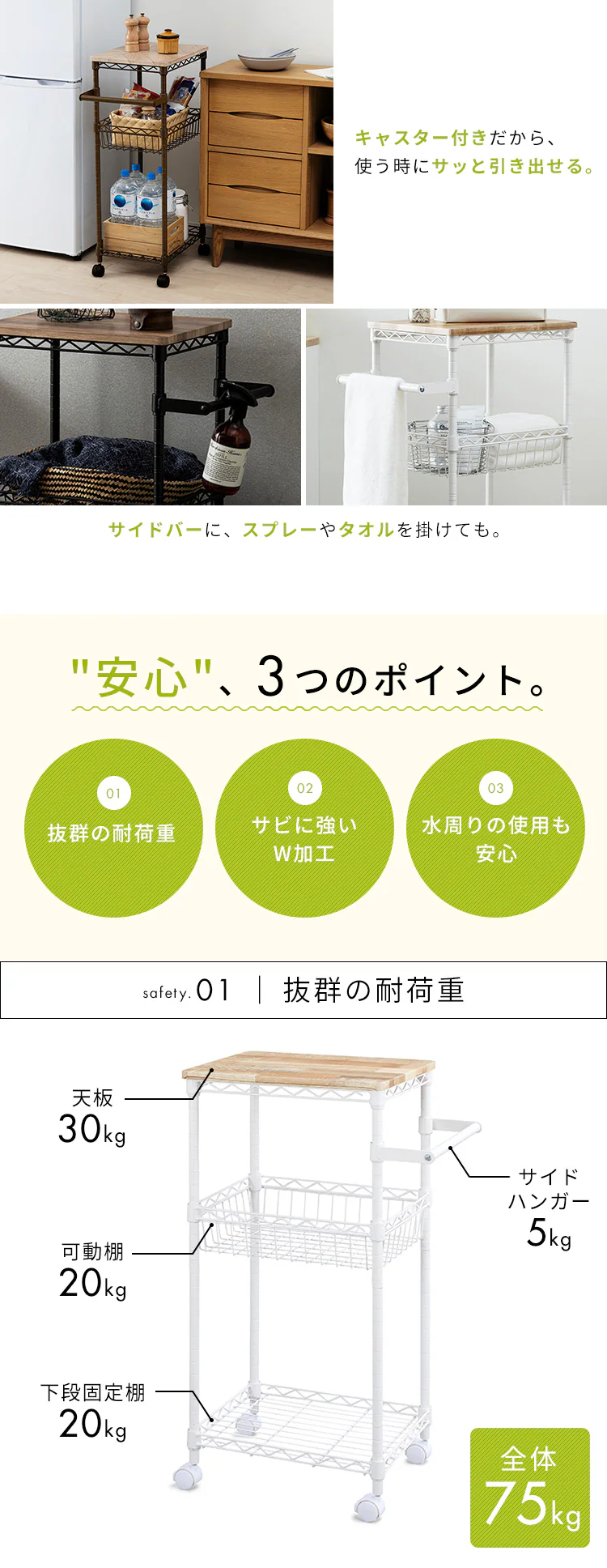 【幅41cm】カラーメタルラック ワゴン CMM-WG4084 全3色7