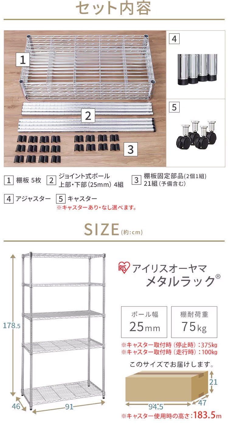 【訳あり】スチールラック 幅91cm メタルラック 5段  SE-918E メタルシェルフ キャスターあり 10