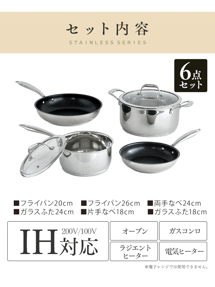 【訳あり】フライパン 6点セット IH ガス火 ステンレス SP-SE612