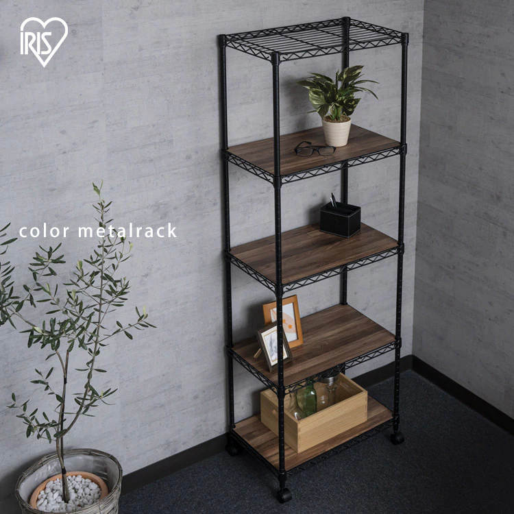 スチールラック 幅55cm 5段 カラーメタルラック ウッドボード付き CMM-55165B ブラック1