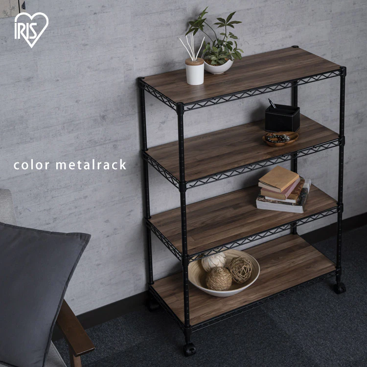 スチールラック 幅75cm 4段 カラーメタルラック ウッドボード付き CMM-75104B 全3色1