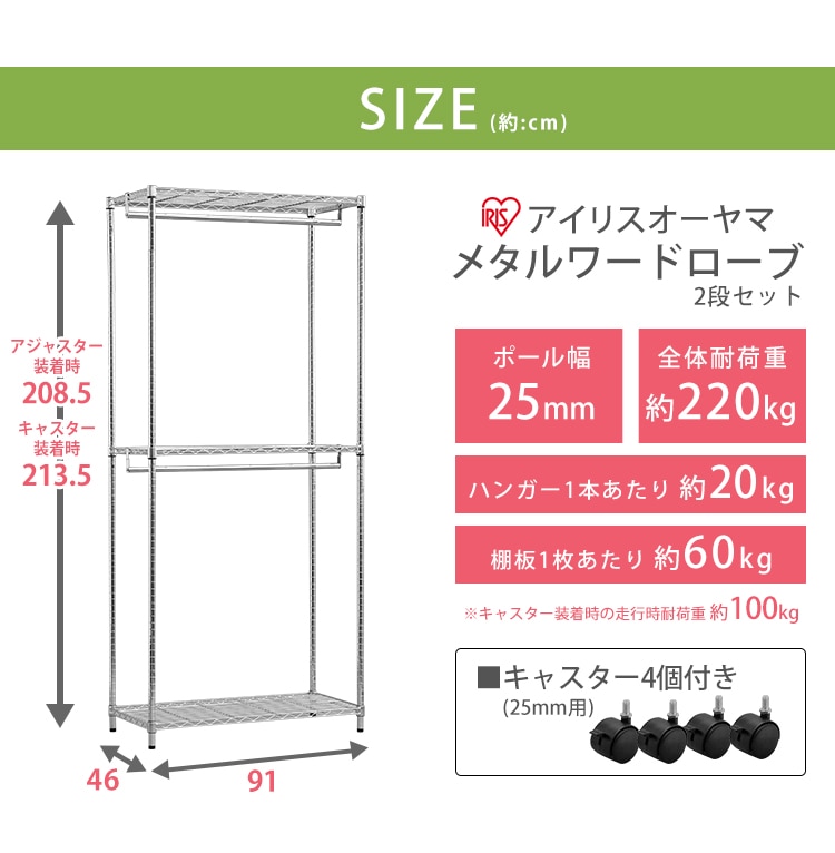 アイリスオーヤマ メタルラック本体 ワードローブ 3段 キャスター付 ポール径2