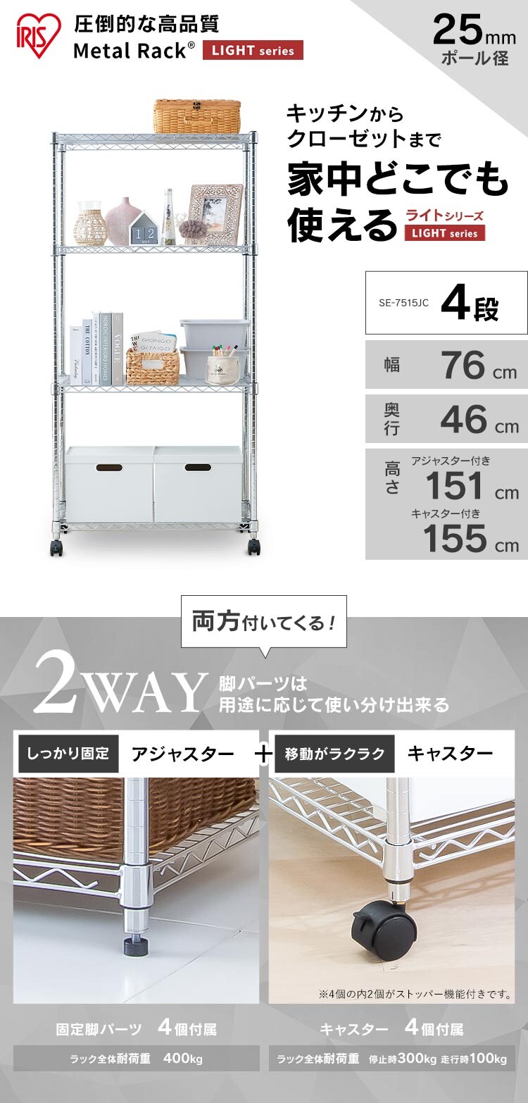 スチールラック 幅76cm メタルラック 4段 キャスター付き SE-7515JC0.1 (ポール直径25mm・棚板4枚)0