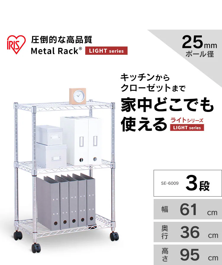 スチールラック 幅61cm メタルラック 3段 キャスター付き SE-6009 (ポール直径25mm・棚板3枚)1