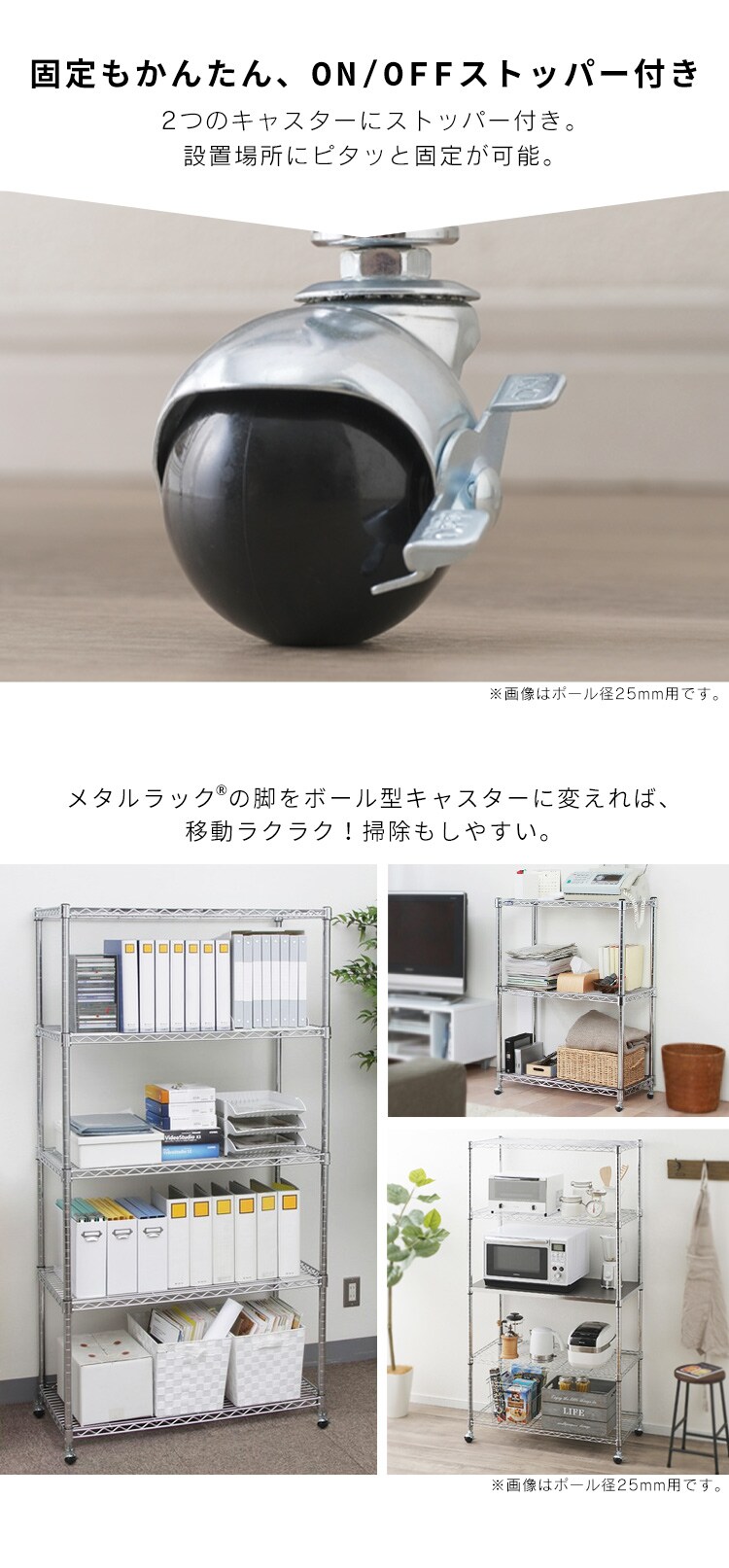 【4個セット】 メタルラック ミニ ボール型キャスター MM-19BC シルバー (ポール直径19mm)4