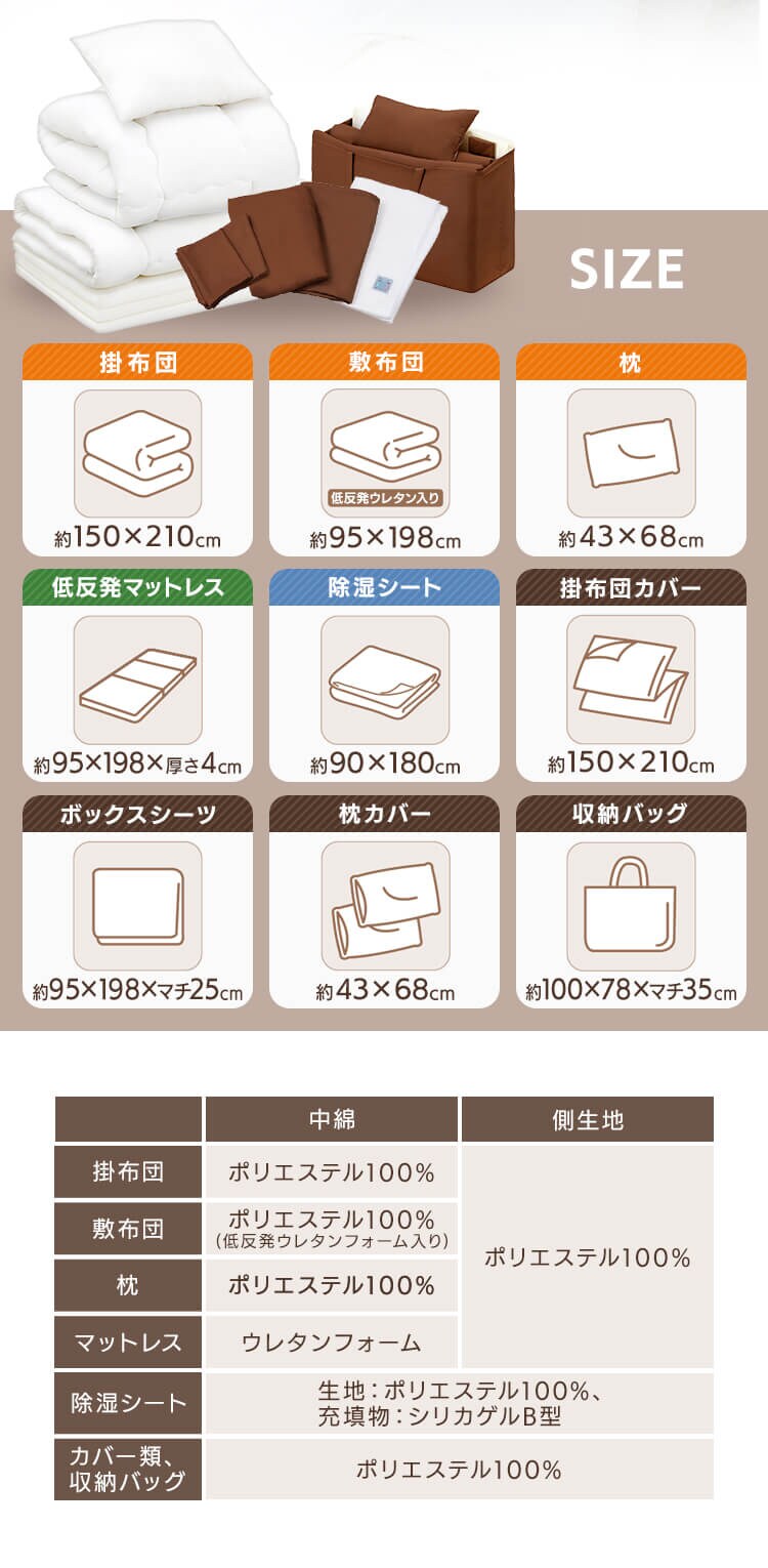 【除湿シート付】低反発敷布団+マットレス付き寝具10点セット シングル KFS-M10ST ブラウン 10