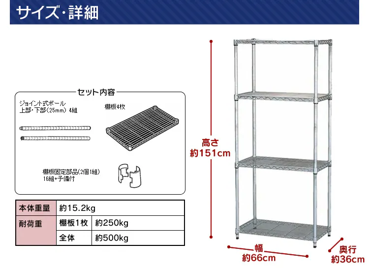 スチールラック 幅66cm メタルラック 4段 MR-6515J (ポール直径25mm・棚板4枚)12