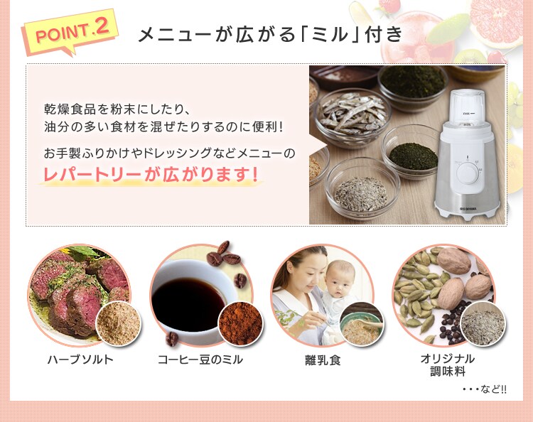 point2　メニューが広がる「ミル」付き