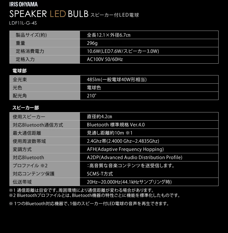 LEDスピーカー電球 E26口金 広配光タイプ 40W形相当 電球色 LDF11L-G-4S10