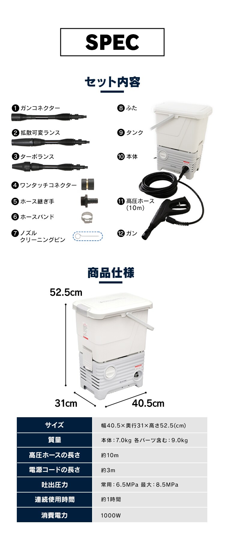 高圧洗浄機 タンク式 8.5MPa 温水使用可能 12点セット SBT-512N ホワイト7