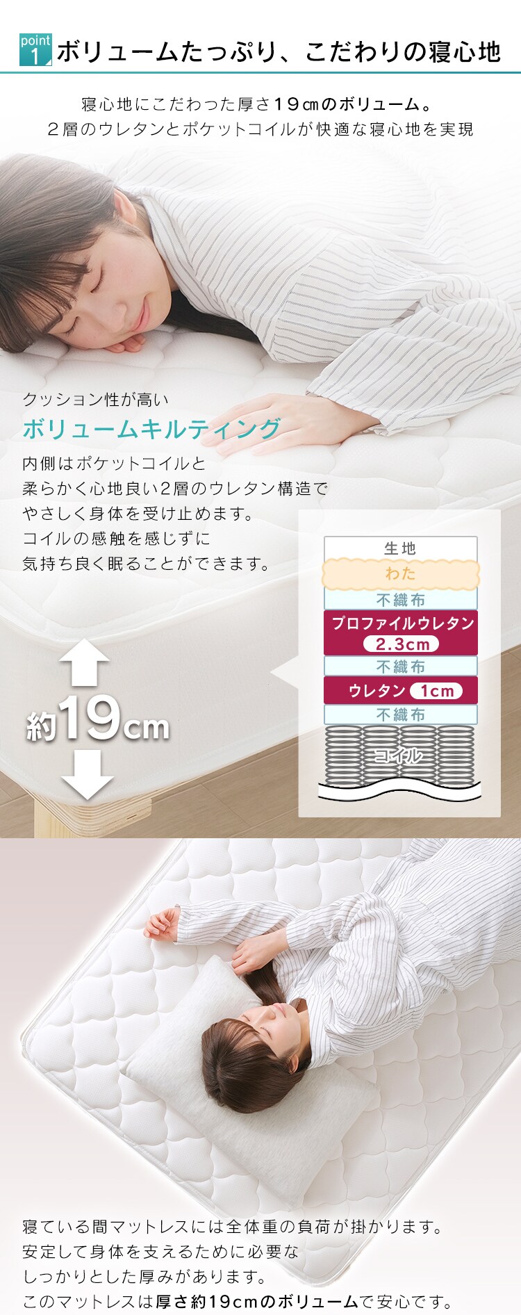 ベッド シングル 脚付きマットレス ポケットコイル 厚さ19cm AMT-P95 ホワイト3