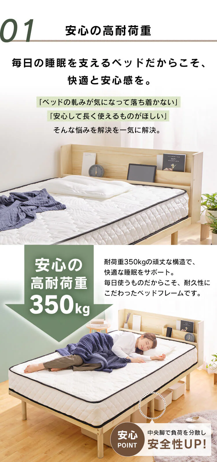 【マットレスセット】ベッド シングル すのこ 棚付き コンセント 高さ4段階+ポケットコイルマットレス 21cm 硬め2