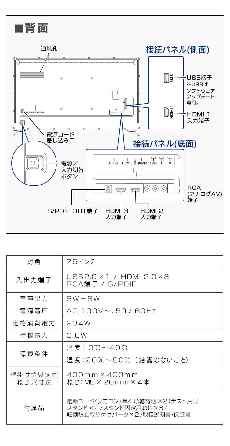 4K大型液晶ディスプレイ 75インチ ILD-A75UHDS-B ブラック H517635F│アイリスプラザ│アイリスオーヤマ公式通販サイト