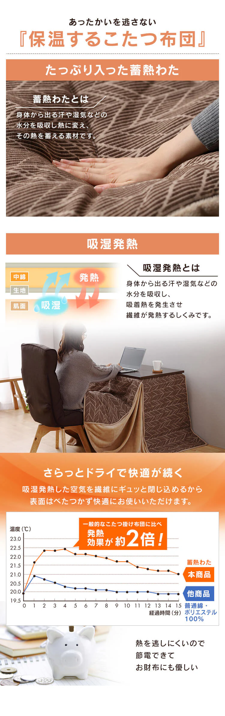 こたつ布団 長方形 ハイタイプ 80×60cm 吸湿発熱 手洗い可 ブラウン/ベージュ 2