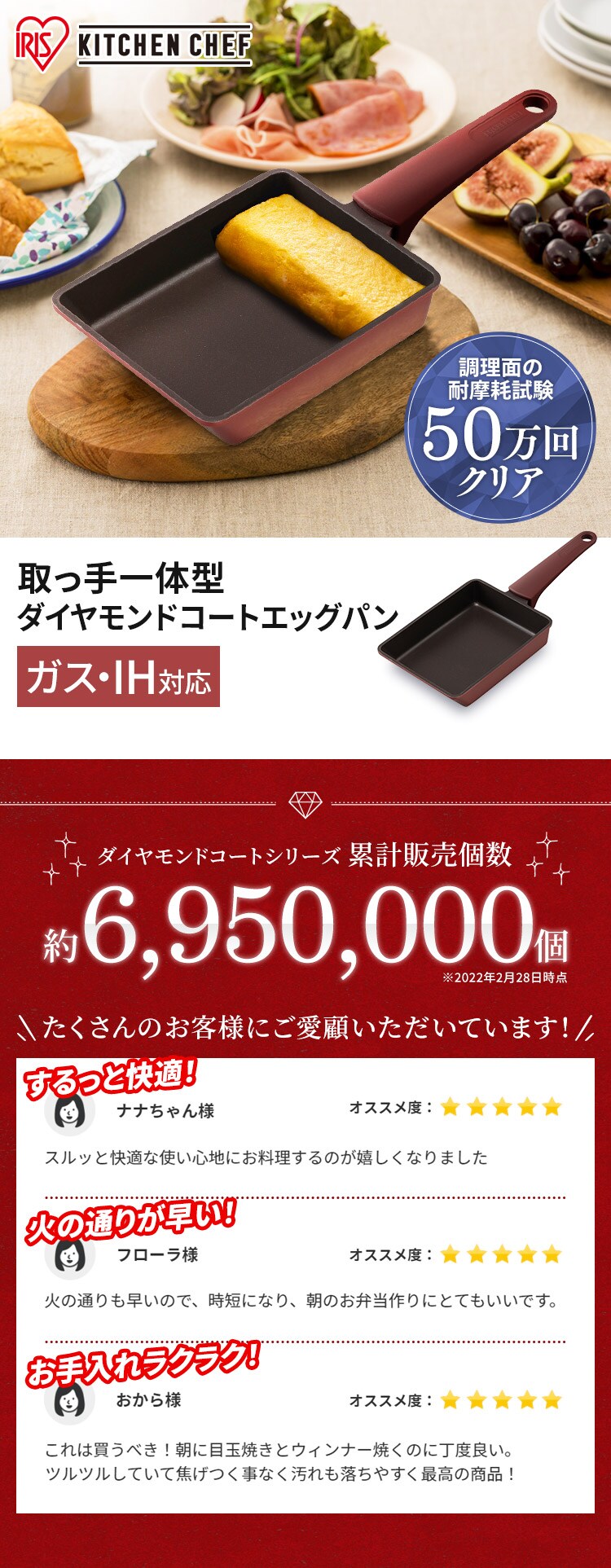 フライパン 卵焼き IH/ガス火対応 取っ手一体型 ダイヤモンドコート エッグパン DCEG-I ルビーレッド0
