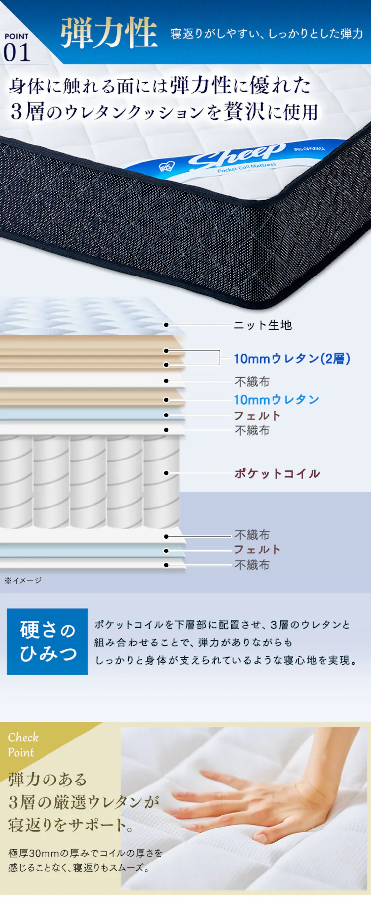 マットレス ダブル ポケットコイル 硬め 厚さ21cm PMTS21H-D Sheep ブラック6