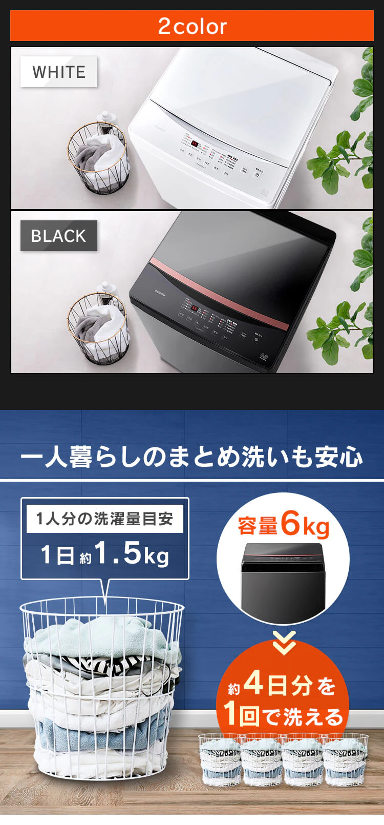 洗濯機 6kg 部屋干し時間短縮モード ガラストップ 一人暮らし IAW-T605BL-B ブラック2