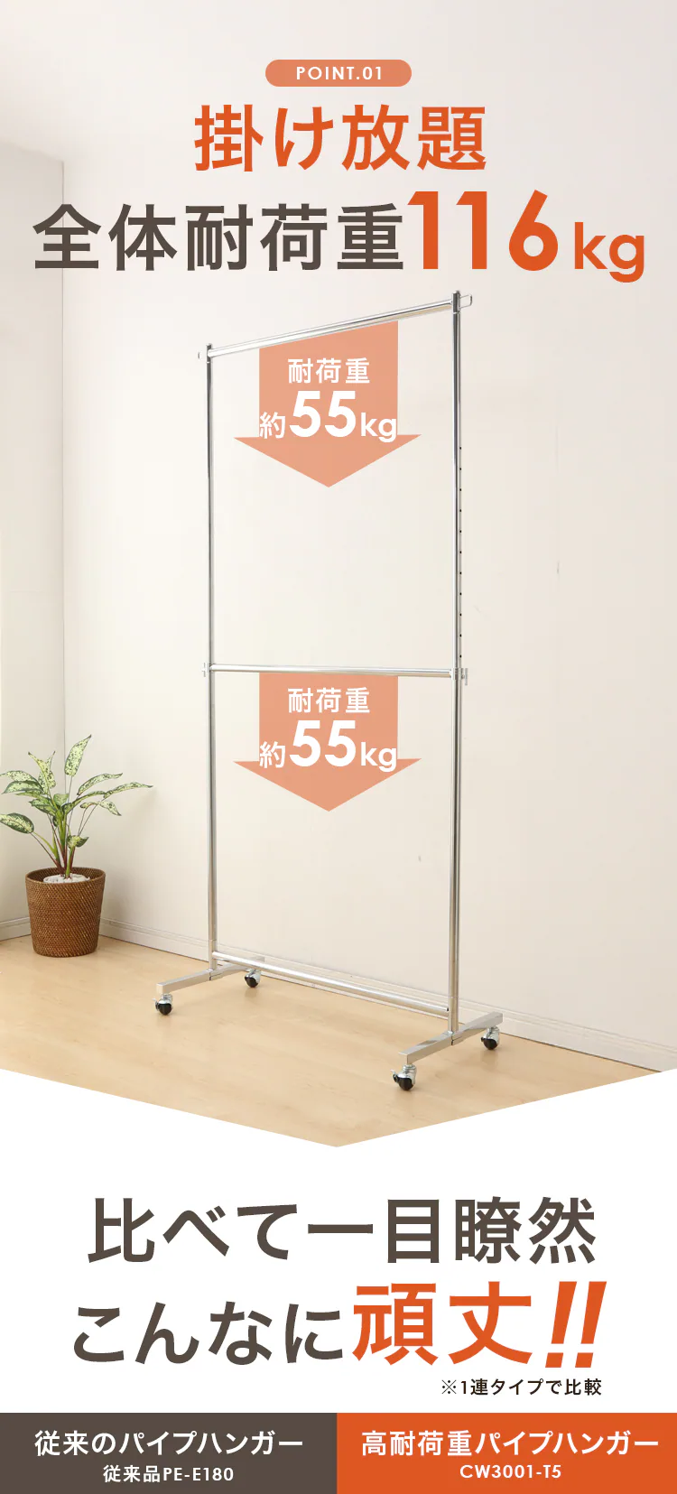 パイプハンガー 2段 耐荷重116kg CW3001-78 シルバー 2