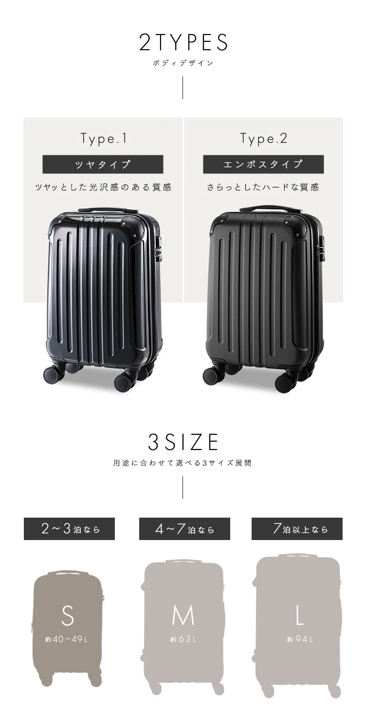 スーツケース Sサイズ 40〜49L 2〜3泊 ダブルキャスター 拡張機能付き KD-SCK ツヤタイプ ブラック1