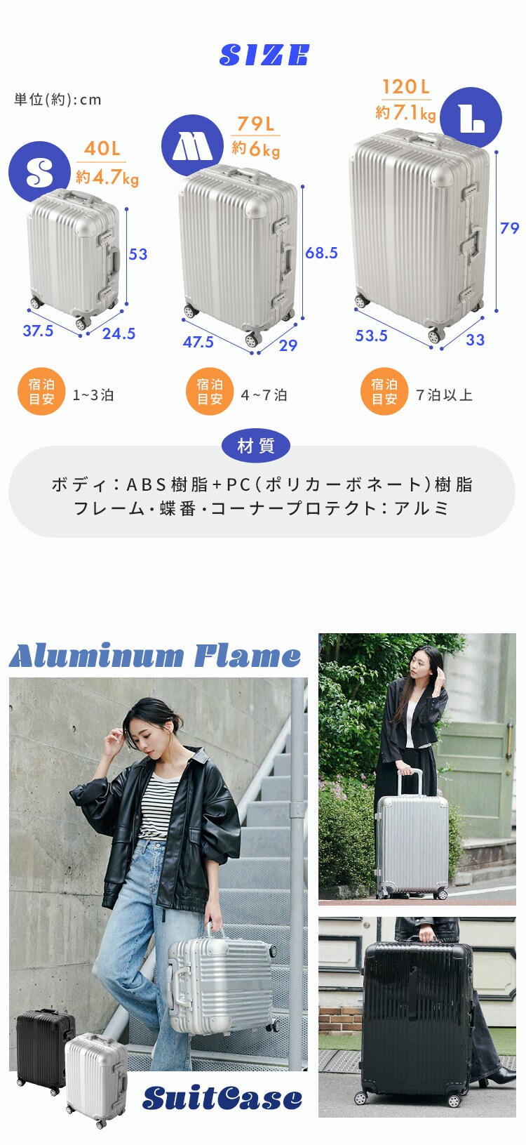 アルミフレーム キャリーケース Lサイズ 10点セット ブラック