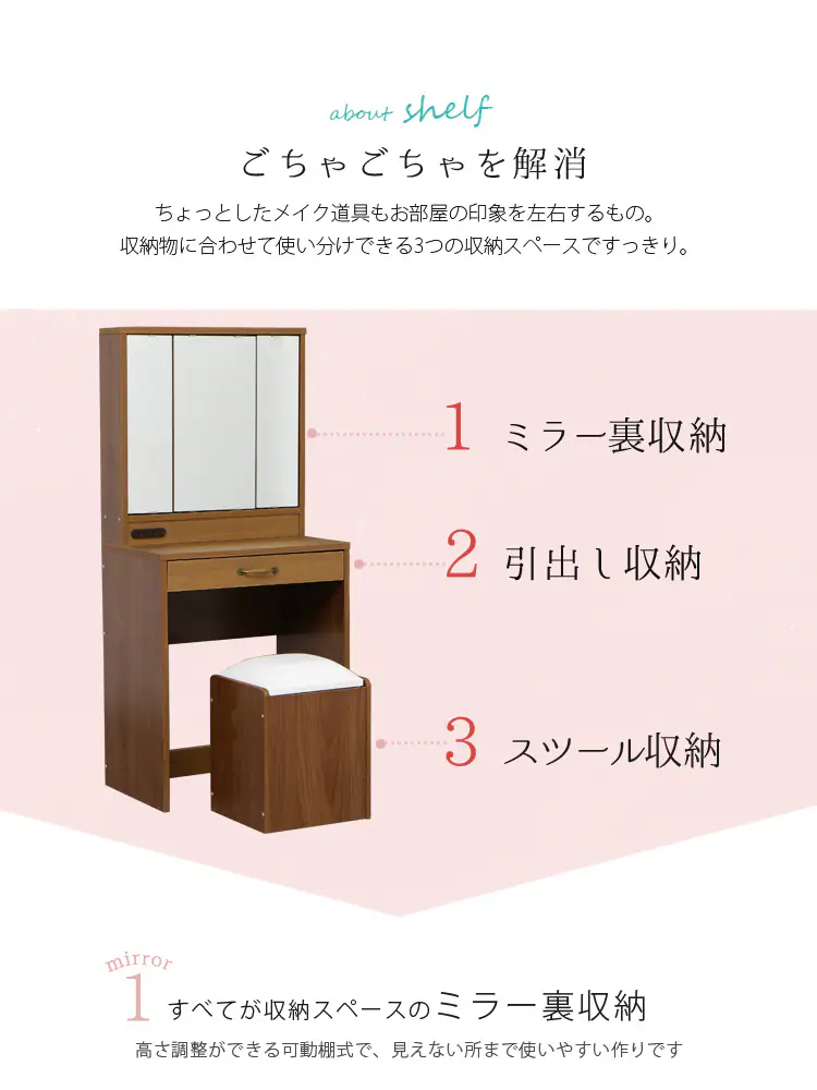 ドレッサー 収納 三面鏡 テーブル ピュアホワイト 3