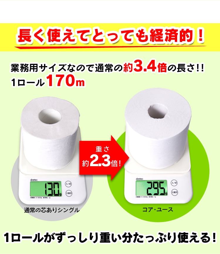 ≪9%OFF≫【48ロール】トイレットペーパー シングル 170m 3.4倍 芯なし (6ロール×8パック) コアレス コアユース2