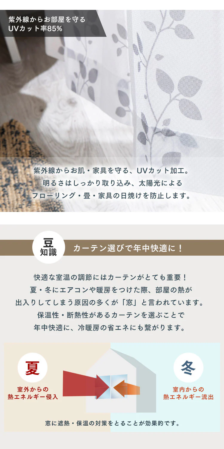 レースカーテン 1枚 遮熱 遮像 UV85%カット 幅150cm×丈133cm ホワイト  3