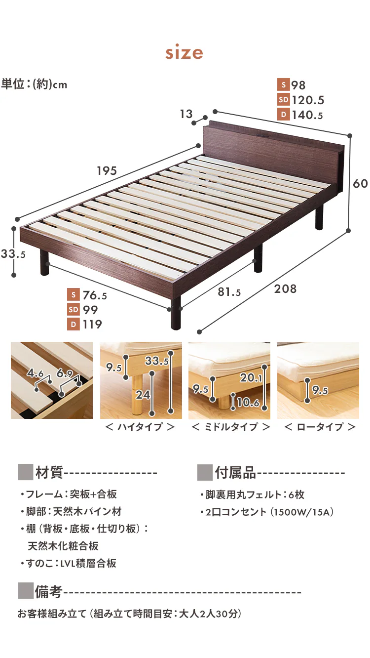 【マットレスセット】 ベッド セミダブル すのこ 棚付き コンセント 高さ3段階 ホワイト+ボンネルコイルマットレス 白10