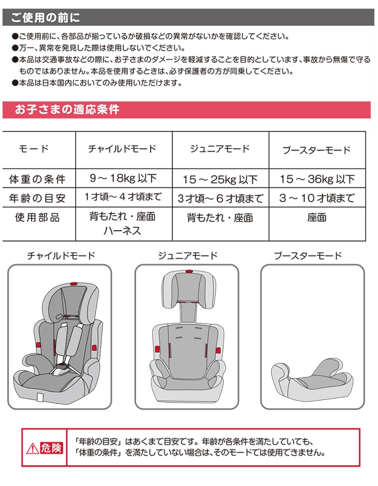 アイリスオーヤマ チャイルド＆ジュニアシート 全5色 88-903 取扱説明