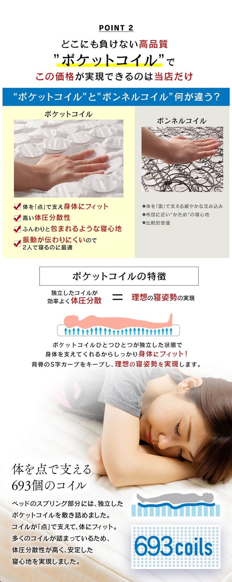 ベッド ダブル 脚付きマットレス ポケットコイル アイボリー4