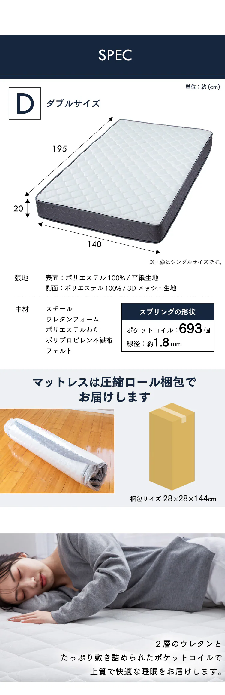 2層ウレタンポケットコイルマットレス ダブル ホワイト 2U-PKTM-D 7