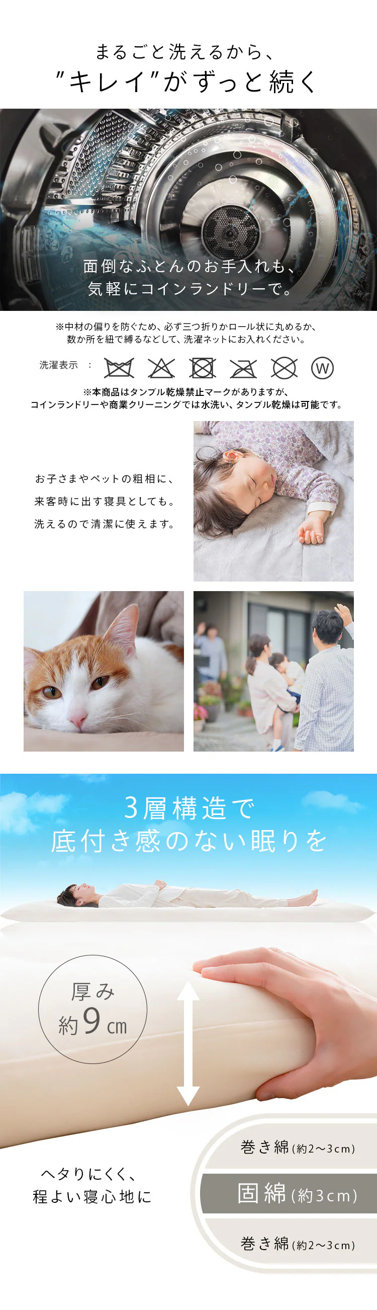 さくら産業 敷き布団 シングル 厚さ9cm 抗菌防臭 ネイビー 1