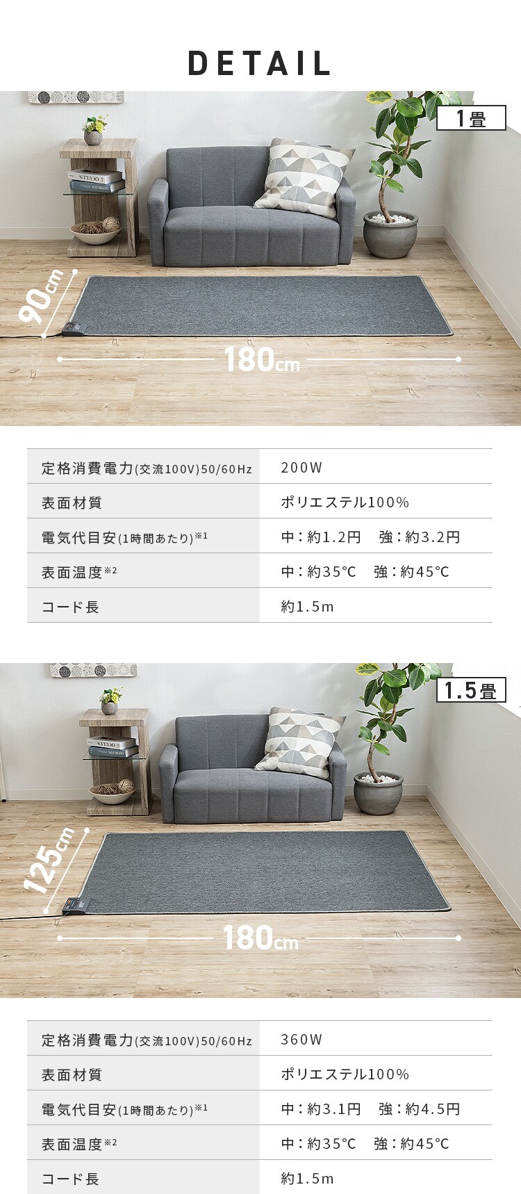 【10％OFFクーポン配布中！！】　ホットカーペット 1.5畳 本体 125×180cm TEKNOS6
