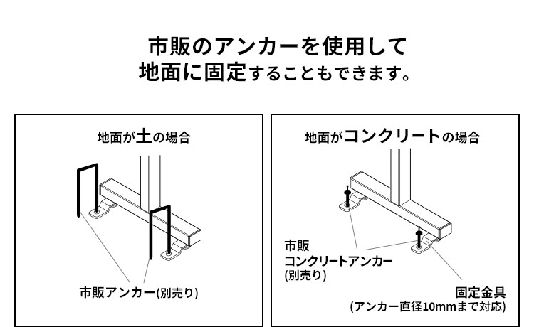 市販のアンカーを使用して地面に固定