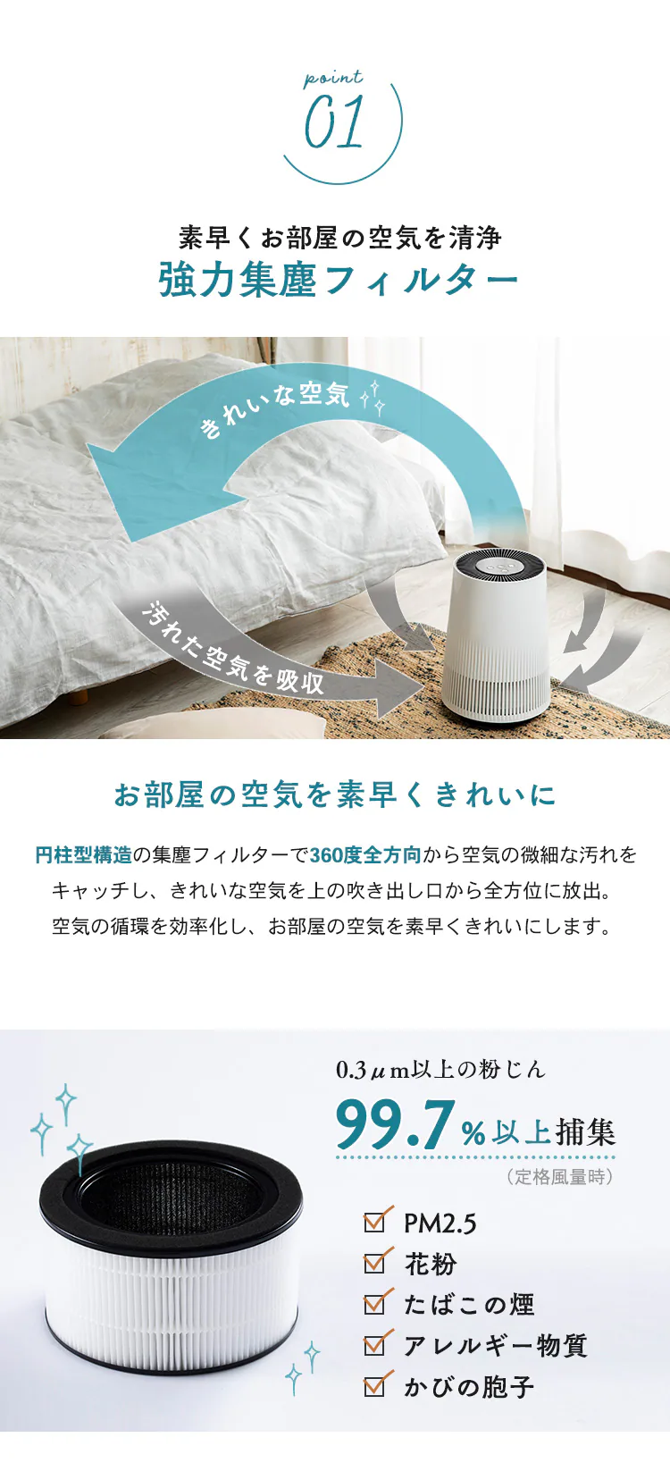 空気清浄機 9畳 小型 静音 シンプル ほこりセンサー イオンモード お手入れ簡単 PAP-01-W ホワイト3