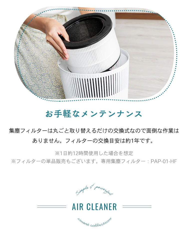 空気清浄機 9畳 小型 静音 シンプル ほこりセンサー イオンモード お手入れ簡単 PAP-01-W ホワイト11