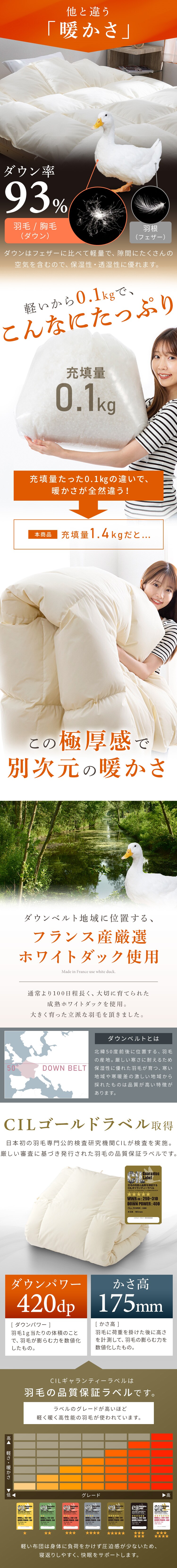 羽毛布団　ダブル　フランス産ホワイトダックダウン93％ 1.4kg 無地　ベージュ【直送】 1