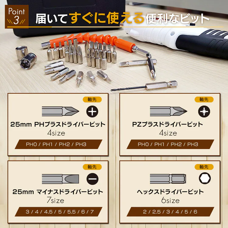 電動ドライバー 3.6V コードレス 充電式 47点セット 軽量 LID-C01IW3