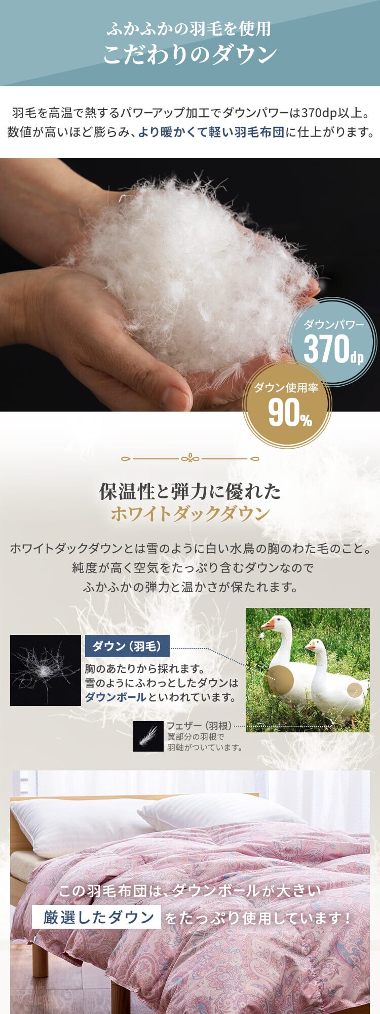 【2枚セット】掛け布団 シングル 羽毛 WDD90％ ペイズリーピンク×アイボリー5