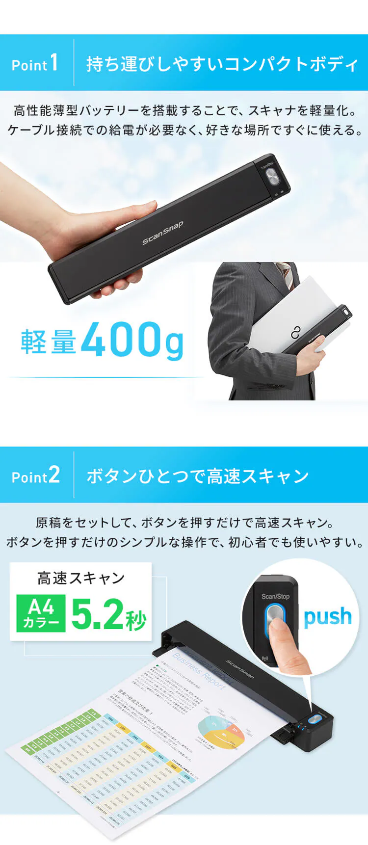 スキャナー 小型 A3 A4 バッテリー搭載 ScanSnap iX100 FI-IX100BW3