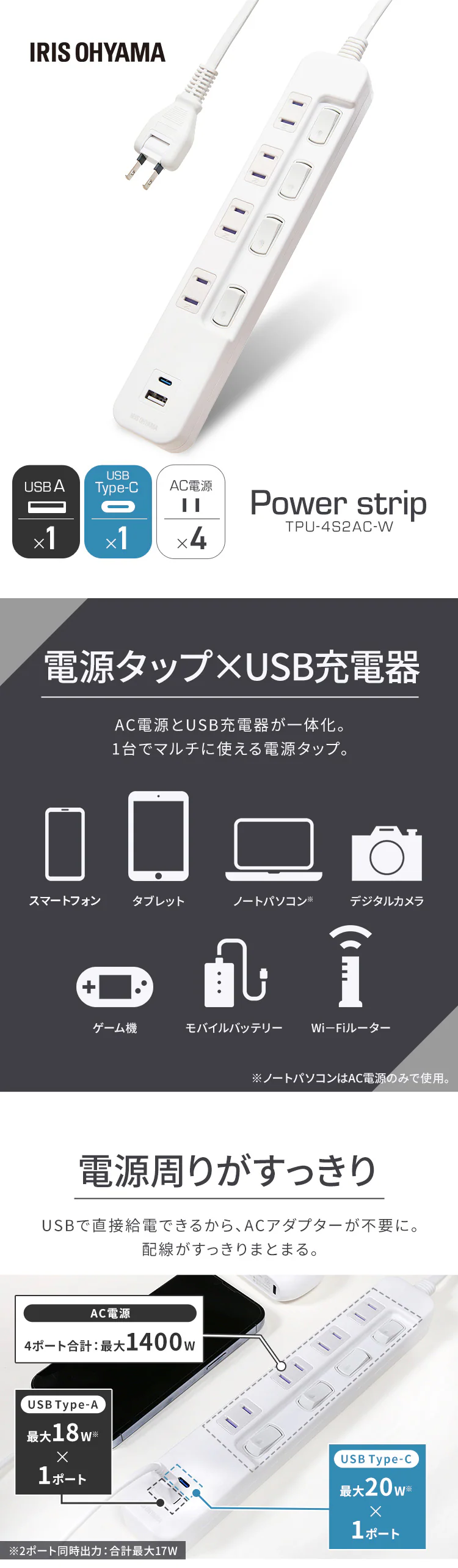 USB充電ポート付きタップ TPU-4S2AC-W アイリスオーヤマ0