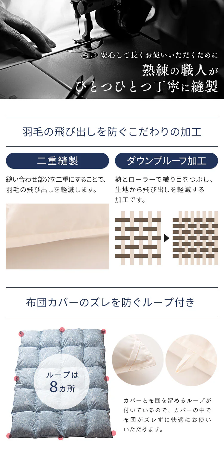 羽毛布団 セミダブルロング 国産 WDD90% 350dp 1.2kg ペイズリーピンク11
