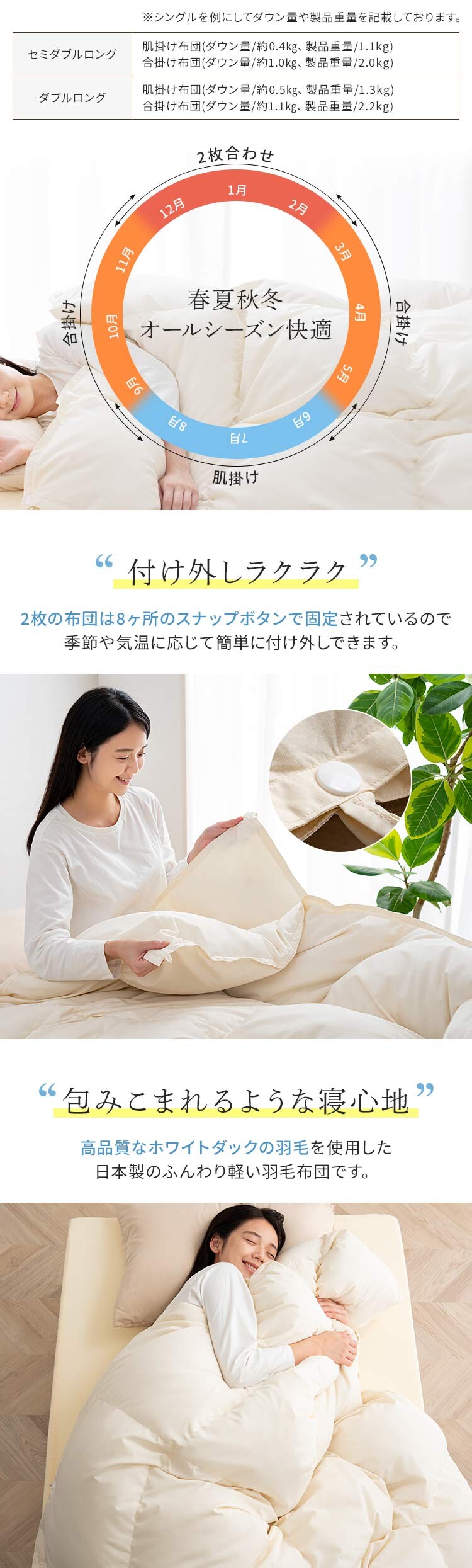 羽毛布団 2枚合わせ WDD50%・85% 0.5kg/1.1kg ダブルロング ベージュ 【直送】 【代引き不可】1